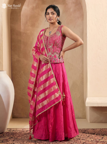 Rani Pink Raw Silk Satin Embroidered Croptop With Draped Skirt And Organza Dupatta