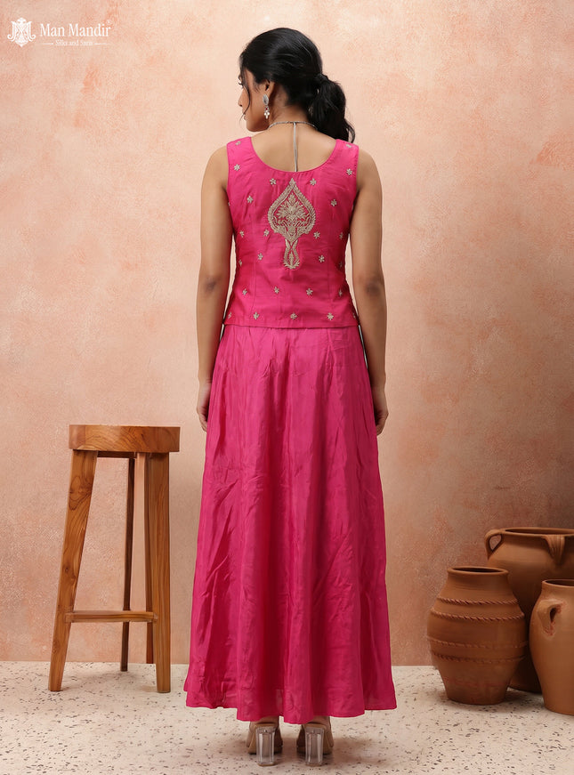 Rani Pink Raw Silk Satin Embroidered Croptop With Draped Skirt And Organza Dupatta
