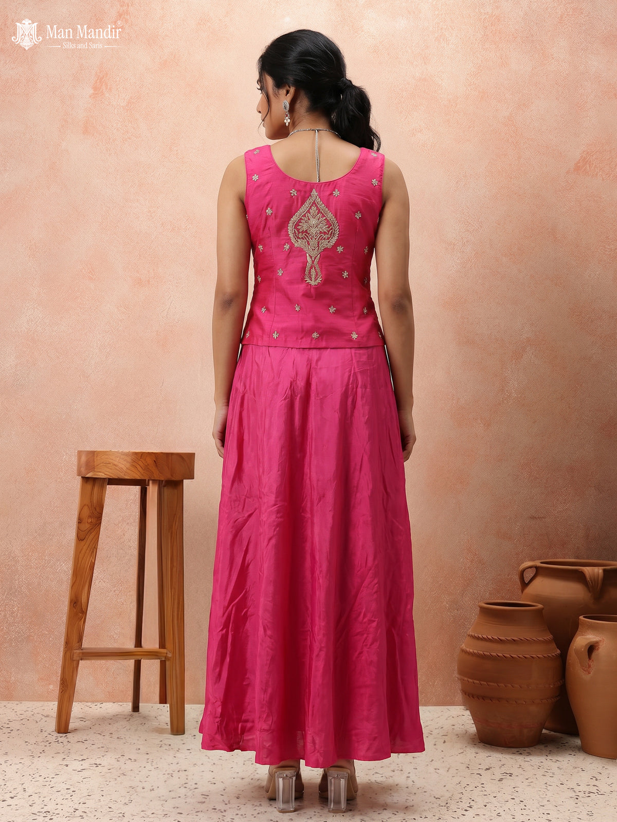 Rani Pink Raw Silk Satin Embroidered Croptop With Draped Skirt And Organza Dupatta