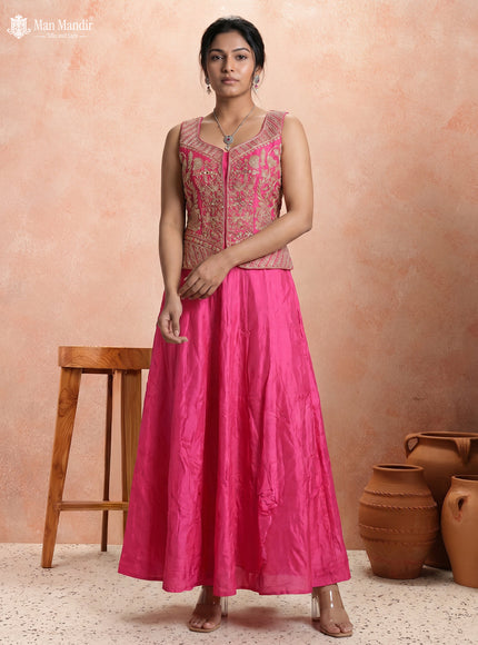 Rani Pink Raw Silk Satin Embroidered Croptop With Draped Skirt And Organza Dupatta