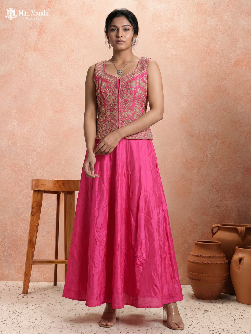 Rani Pink Raw Silk Satin Embroidered Croptop With Draped Skirt And Organza Dupatta