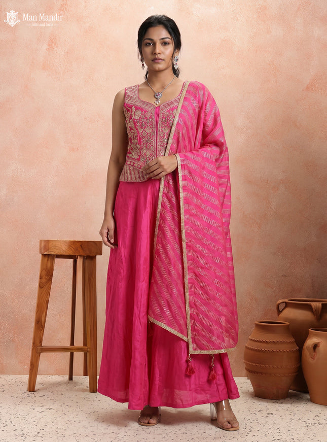 Rani Pink Raw Silk Satin Embroidered Croptop With Draped Skirt And Organza Dupatta