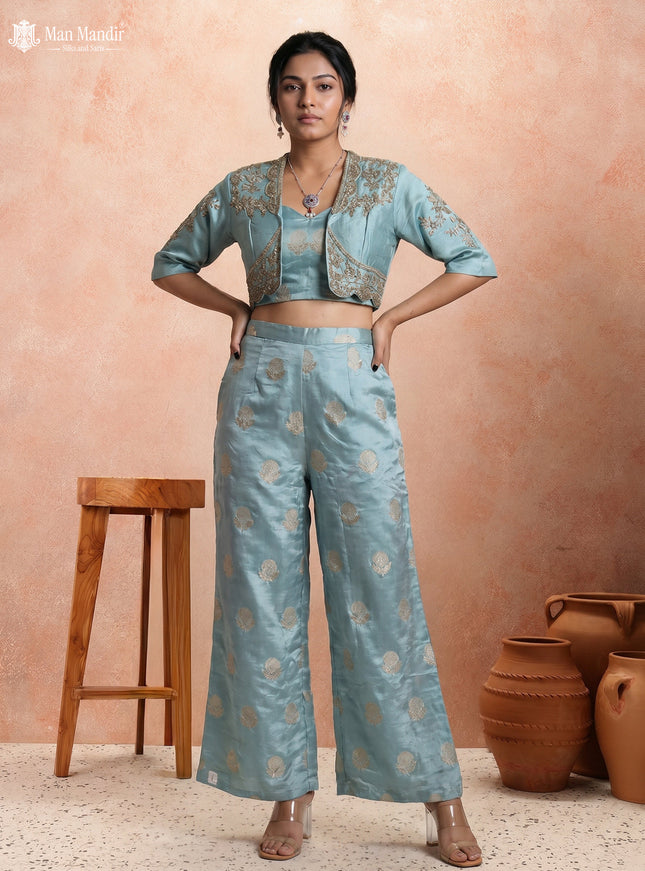 Light Blue Raw Silk Satin Croptop Wide-Leg Pant And Embroidered Jacket