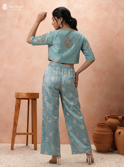 Light Blue Raw Silk Satin Croptop Wide-Leg Pant And Embroidered Jacket