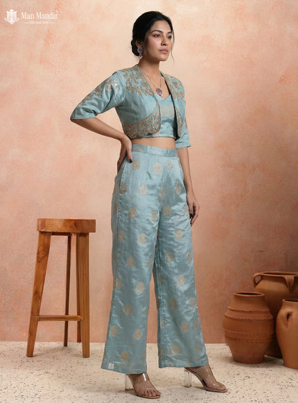 Light Blue Raw Silk Satin Croptop Wide-Leg Pant And Embroidered Jacket
