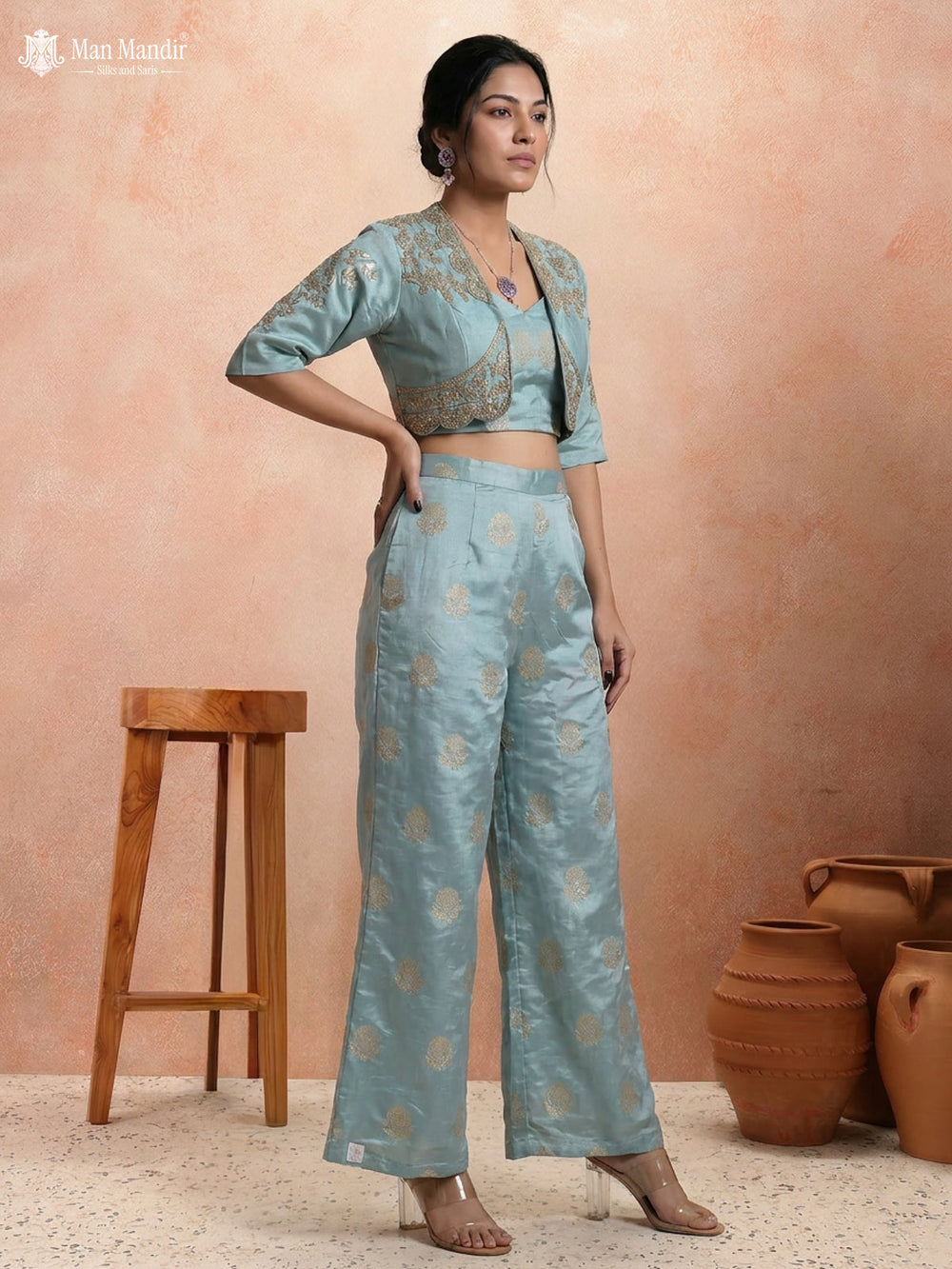 Light Blue Raw Silk Satin Croptop Wide-Leg Pant And Embroidered Jacket