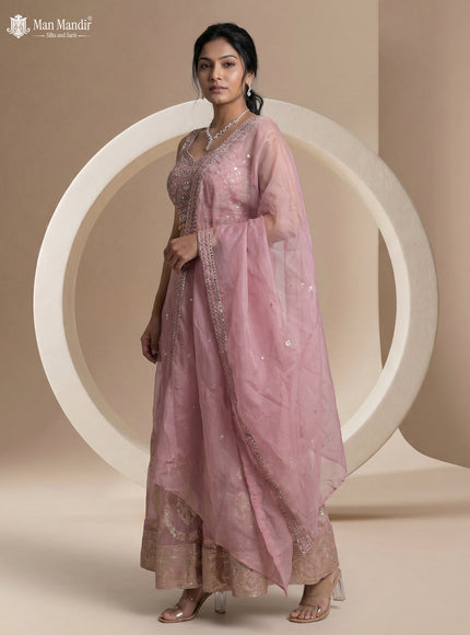 Onion Pink Shimmer Tissue Indowestern Crop Top Palazzo And Cape Set