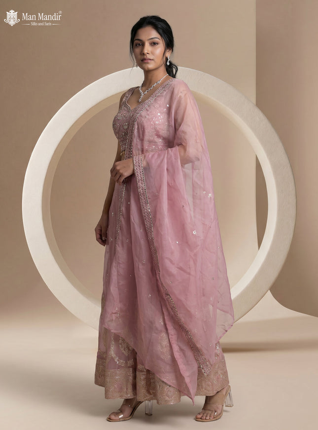 Onion Pink Shimmer Tissue Indowestern Crop Top Palazzo And Cape Set