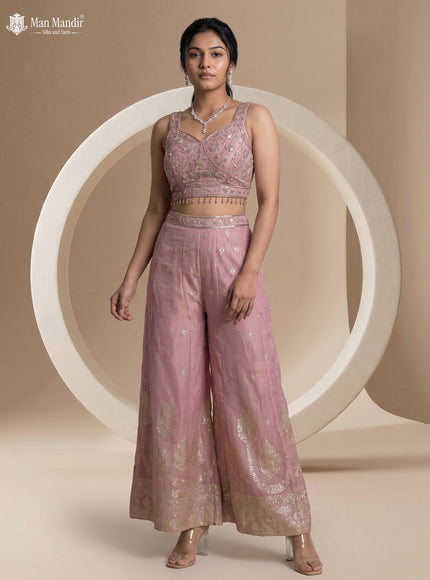 Onion Pink Shimmer Tissue Indowestern Crop Top Palazzo And Cape Set