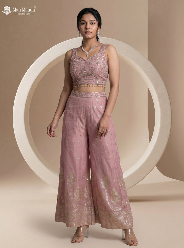 Onion Pink Shimmer Tissue Indowestern Crop Top Palazzo And Cape Set