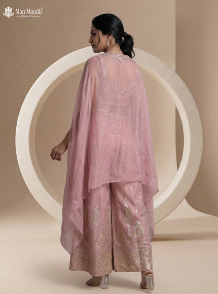 Onion Pink Shimmer Tissue Indowestern Crop Top Palazzo And Cape Set