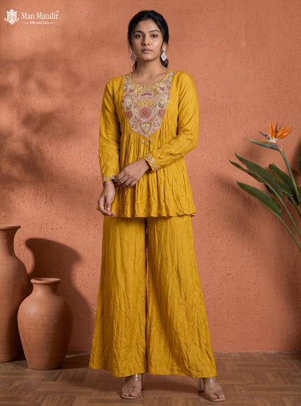 Mustard Yellow Georgette Cape With Palazzo Suits & Embroidery Zardosi Work