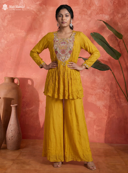 Mustard Yellow Georgette Cape With Palazzo Suits & Embroidery Zardosi Work