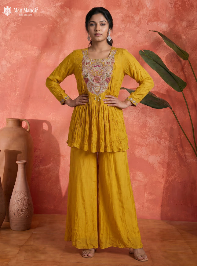 Mustard Yellow Georgette Cape With Palazzo Suits & Embroidery Zardosi Work