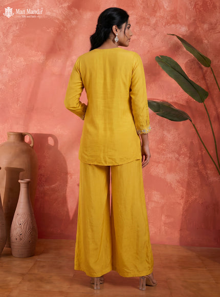 Mustard Yellow Georgette Cape With Palazzo Suits & Embroidery Zardosi Work