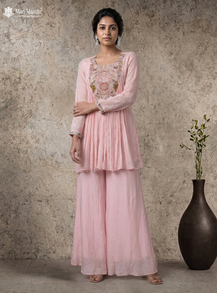 Peach Georgette Cape With Palazzo Suits & Zardosi Work