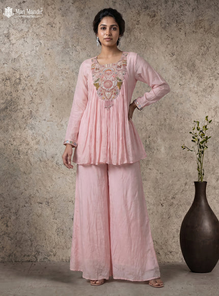 Peach Georgette Cape With Palazzo Suits & Zardosi Work