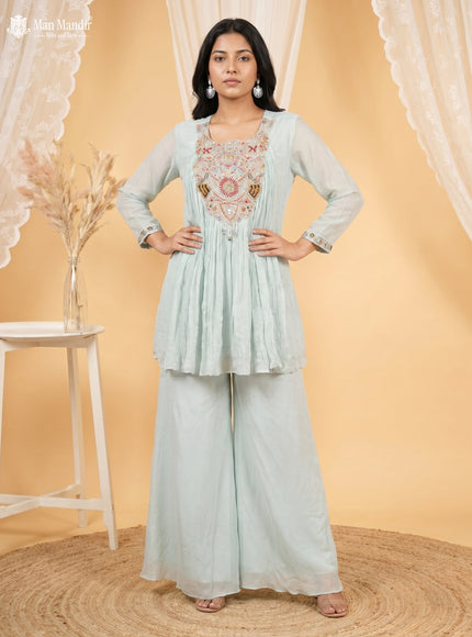 Pastel Green Cape With Palazzo Suits & Zardosi Work