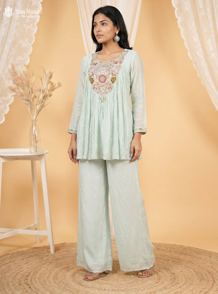 Pastel Green Cape With Palazzo Suits & Zardosi Work