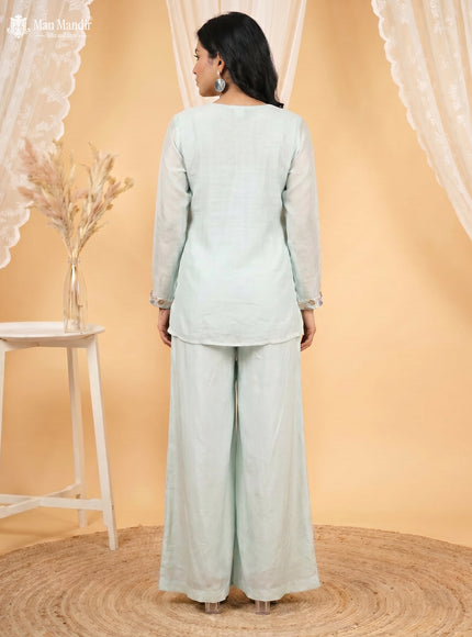 Pastel Green Cape With Palazzo Suits & Zardosi Work