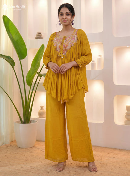 Mustard Georgette Cape With Palazzo Suits & Zardosi Work
