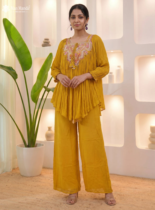 Mustard Georgette Cape With Palazzo Suits & Zardosi Work