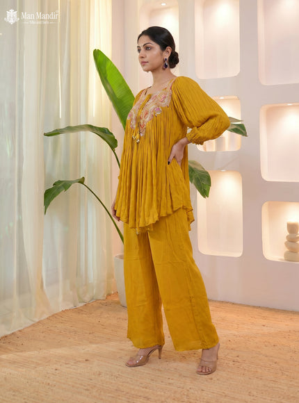Mustard Georgette Cape With Palazzo Suits & Zardosi Work
