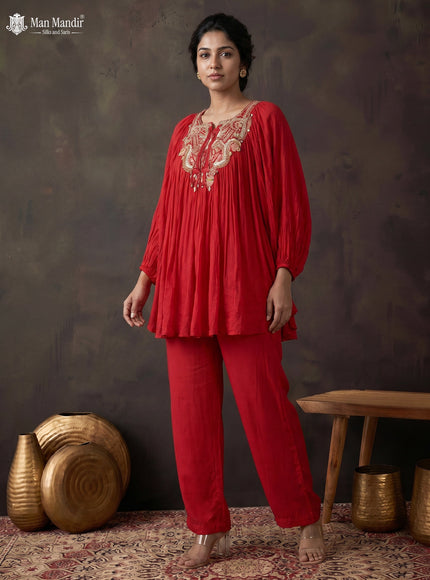 Red Georgette Cape With Palazzo Suits & Embroidery Zardosi Work
