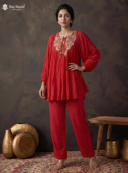 Red Georgette Cape With Palazzo Suits & Embroidery Zardosi Work