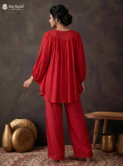 Red Georgette Cape With Palazzo Suits & Embroidery Zardosi Work