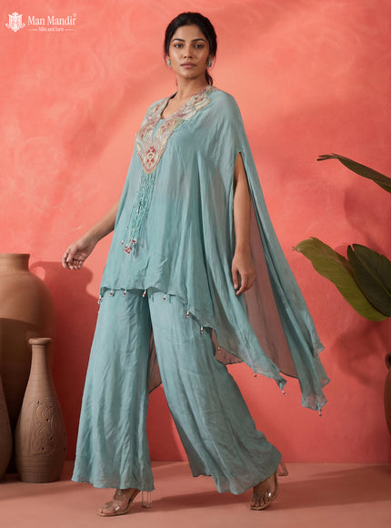 Power Blue Georgette Cape With Palazzo Suits & Zardosi Work