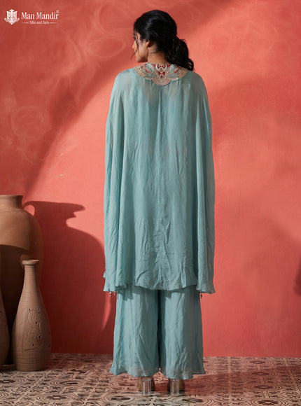 Power Blue Georgette Cape With Palazzo Suits & Zardosi Work