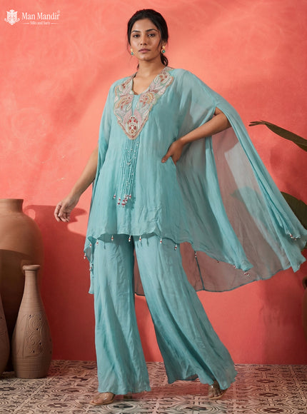 Power Blue Georgette Cape With Palazzo Suits & Zardosi Work