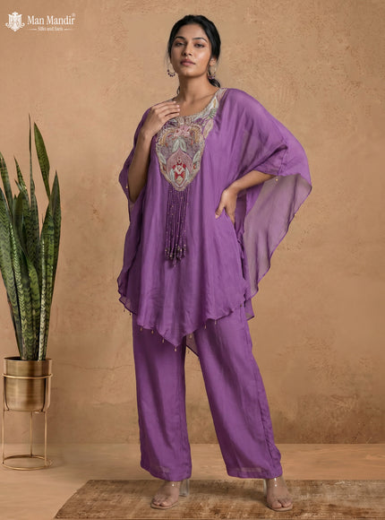 Lavender Georgette Zardosi Work Cape With Palazzo Suits