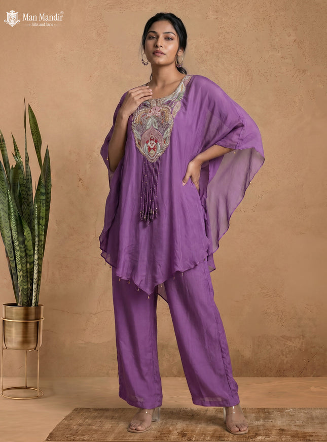Lavender Georgette Zardosi Work Cape With Palazzo Suits