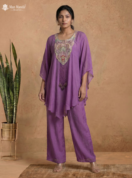 Lavender Georgette Zardosi Work Cape With Palazzo Suits