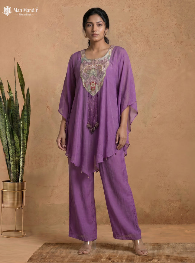 Lavender Georgette Zardosi Work Cape With Palazzo Suits