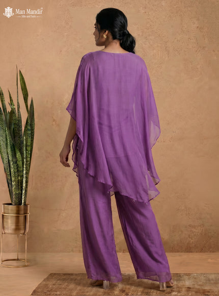 Lavender Georgette Zardosi Work Cape With Palazzo Suits