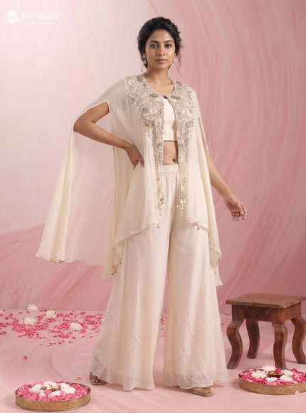 Cream Georgette Crape With Palazzo Suits & Heavy Zardosi Work