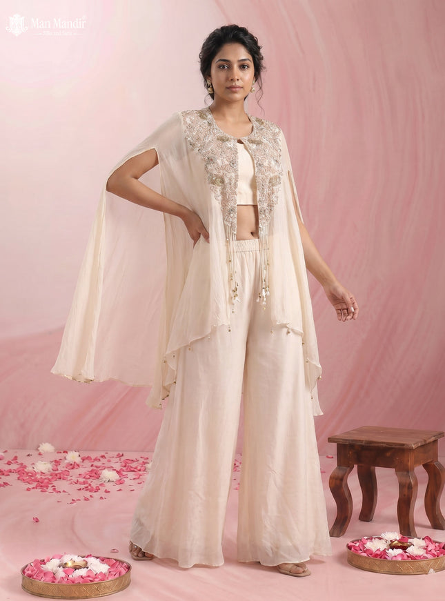 Cream Georgette Crape With Palazzo Suits & Heavy Zardosi Work