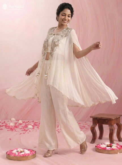 Cream Georgette Crape With Palazzo Suits & Heavy Zardosi Work