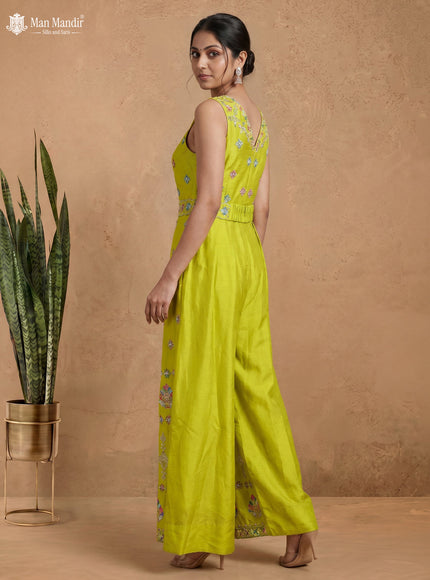 Lime Green Silk Floral Motif Jumpsuit With Belt
