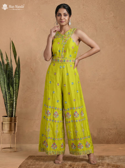 Lime Green Silk Floral Motif Jumpsuit With Belt