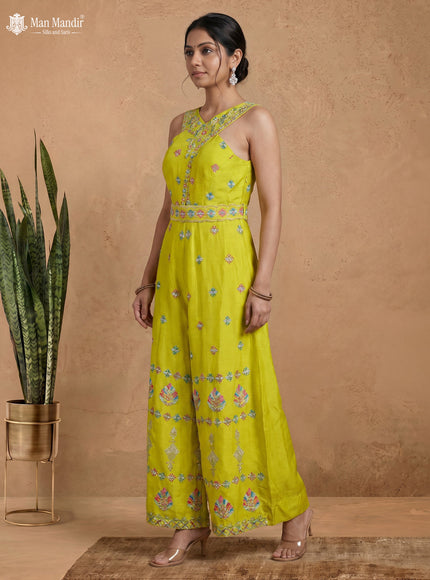 Lime Green Silk Floral Motif Jumpsuit With Belt