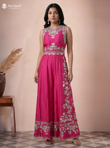 Pink Raw Silk Sequin Work Jumpsuit With Belt