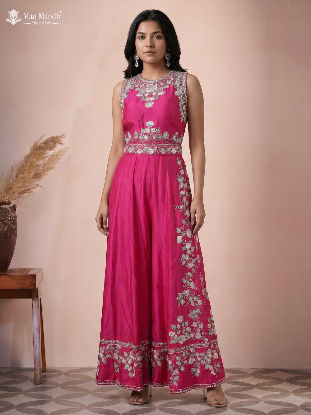 Pink Raw Silk Sequin Work Jumpsuit With Belt
