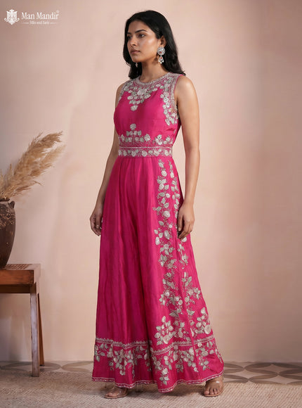 Pink Raw Silk Sequin Work Jumpsuit With Belt