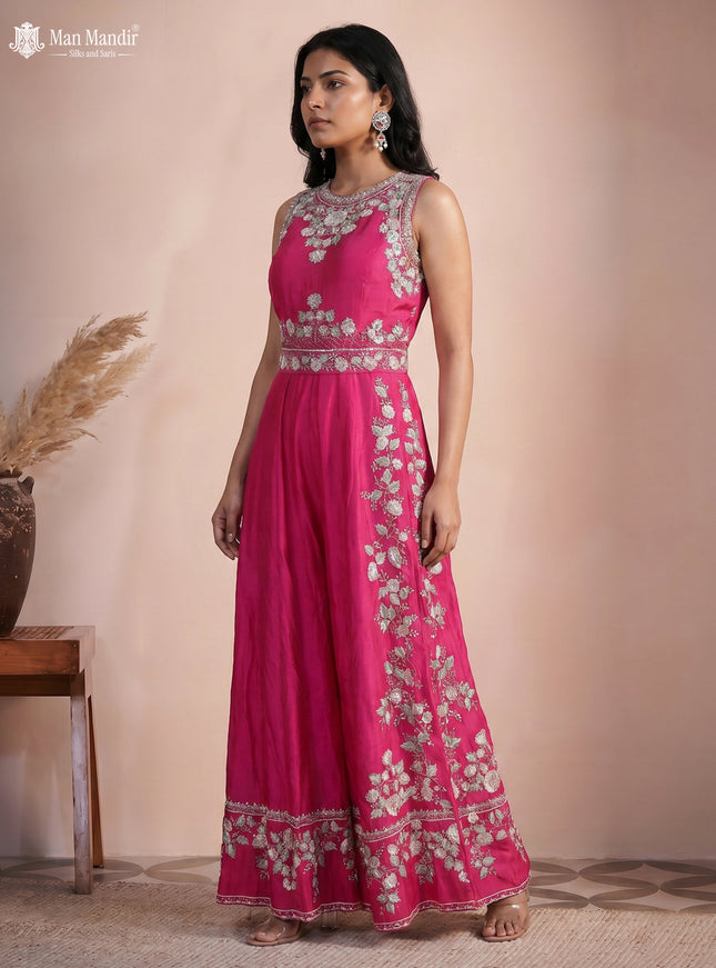 Pink Raw Silk Sequin Work Jumpsuit With Belt