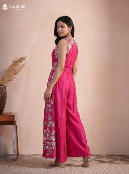 Pink Raw Silk Sequin Work Jumpsuit With Belt