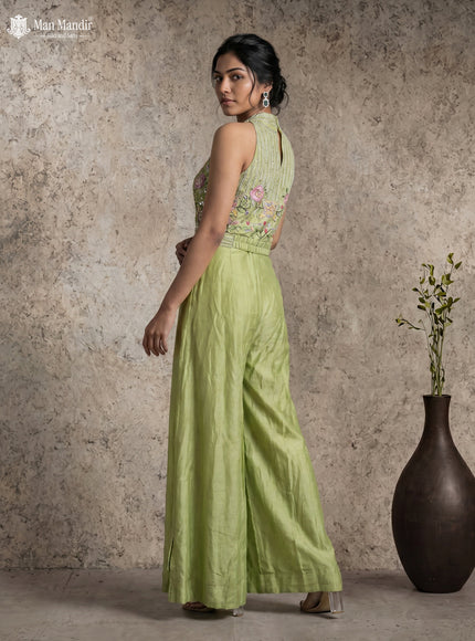 Pista Green Silk Embroidery Jumpsuit With Belt